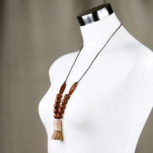 Wooden Beads Pendant Necklace w Leather Tassle - Dot and Frankie