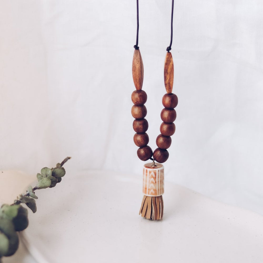 Wooden Beads Pendant Necklace w Leather Tassle - Dot and Frankie